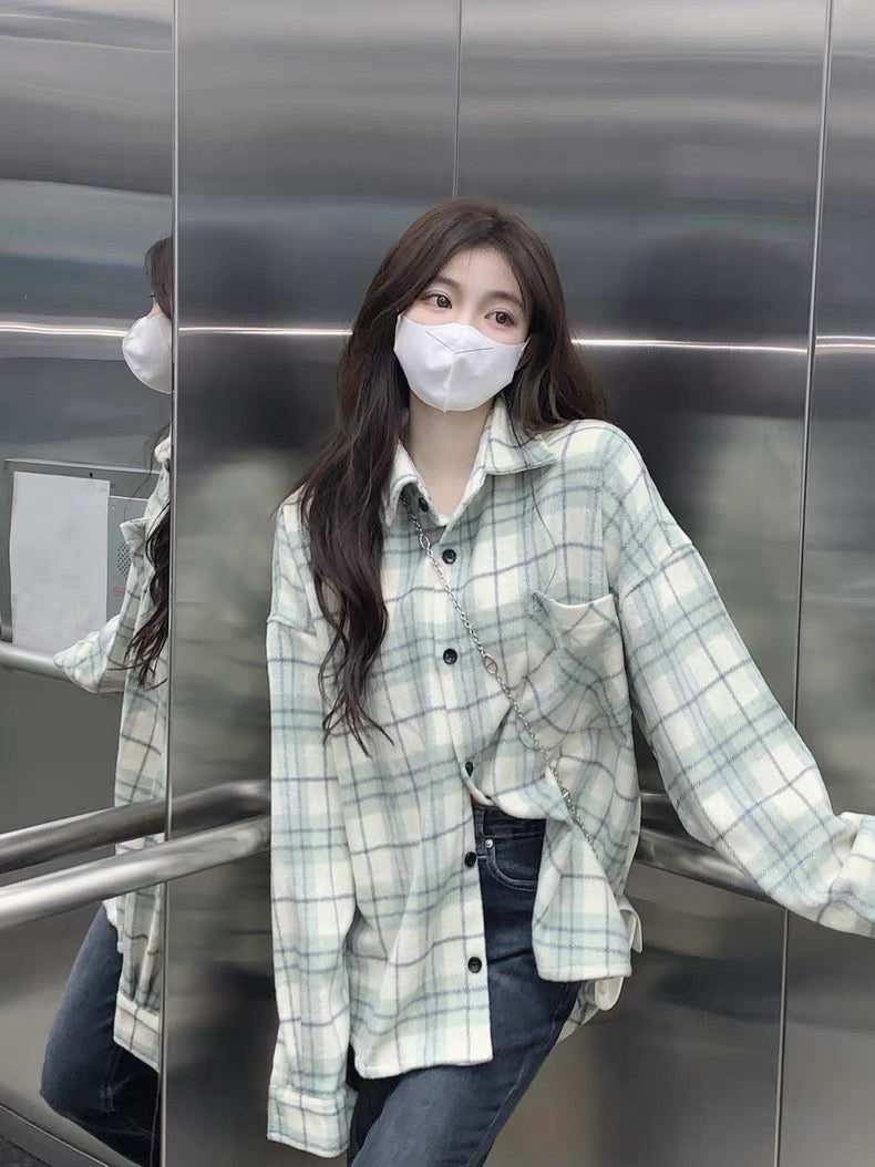 Mint Green Grid Long Sleeve Shirt