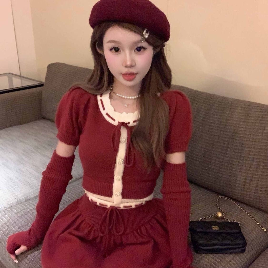 Red Knitted Crop Top + Skirt + Glove Three Piece Set