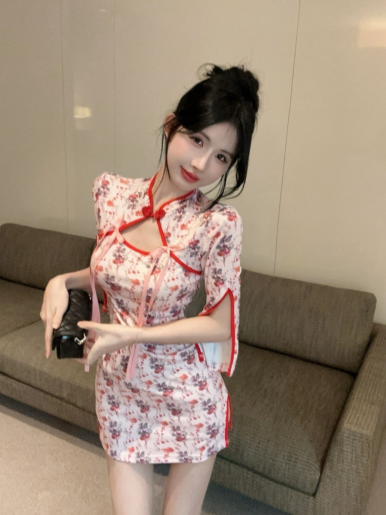Red Rose Cheongsam Long Sleeve Short Dress (S)