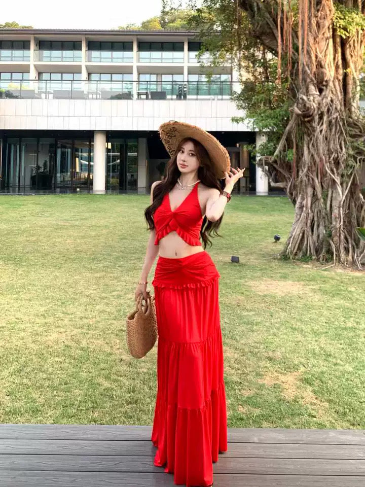 V Collar Top + Long Skirt Two Pieces Set