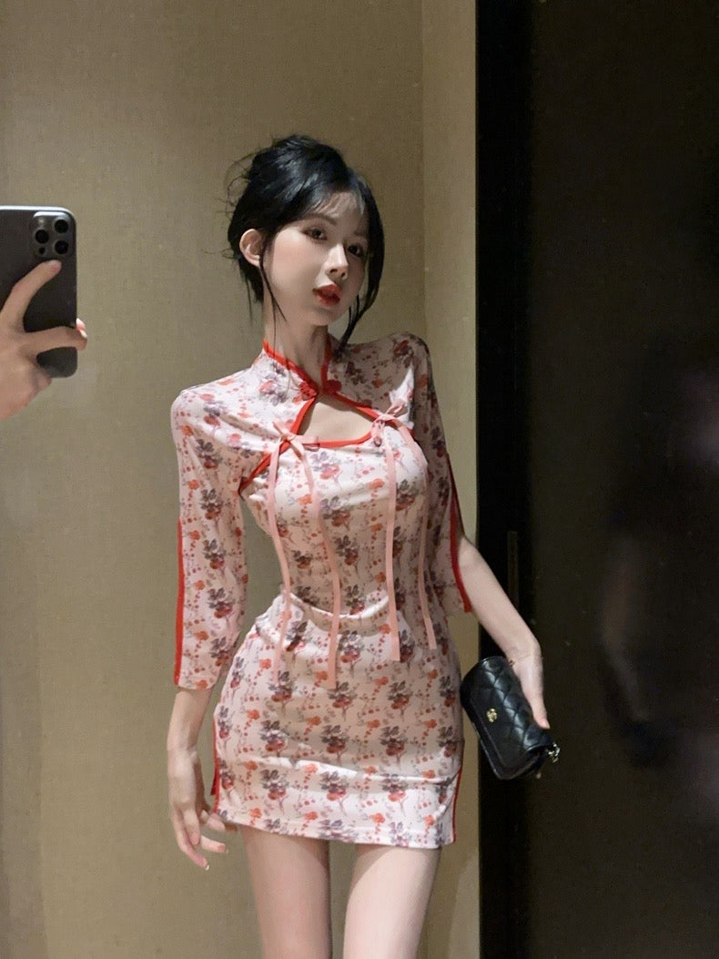 Red Rose Cheongsam Long Sleeve Short Dress (S)