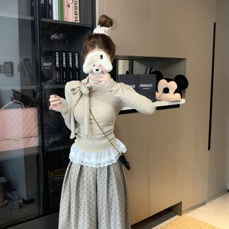 Tie Up Collar Grey Long Sleeve Top