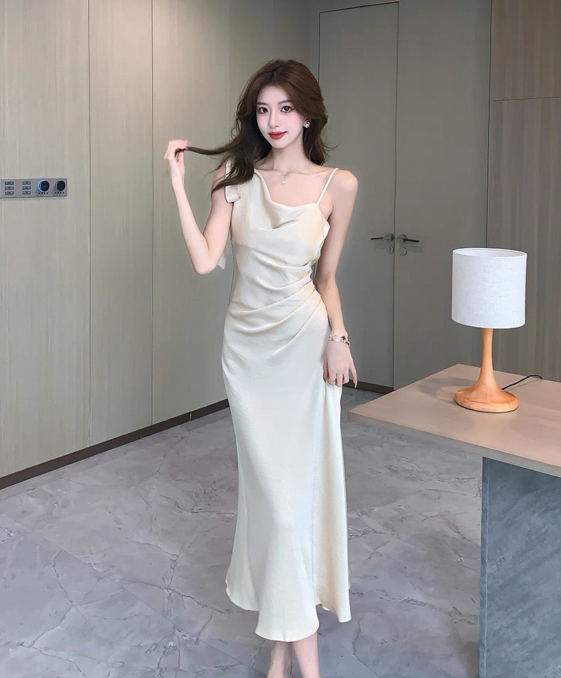 Champagne Satin Side Strap Dress (S, M)