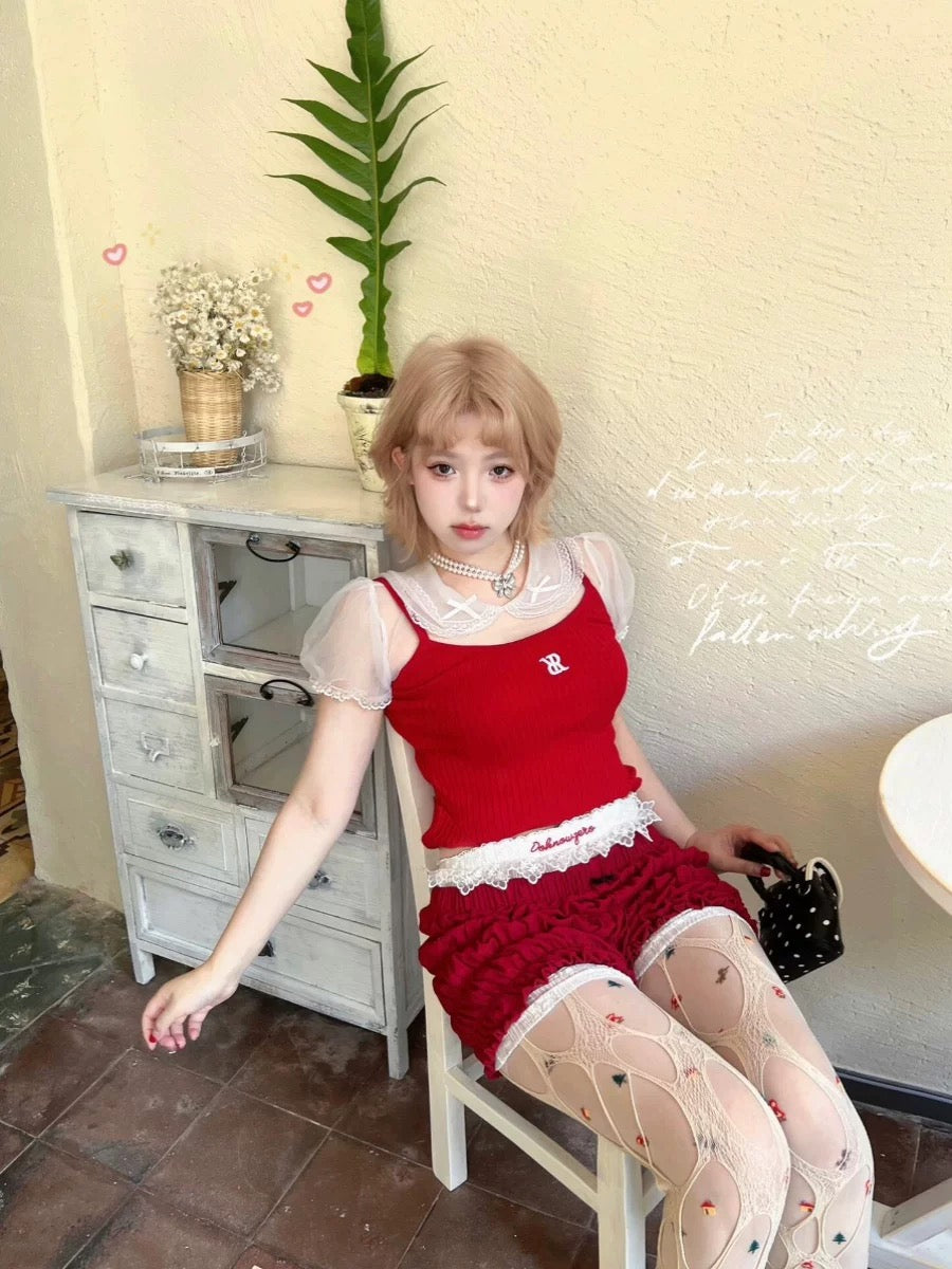Wine Red Low Waist Puff Latern Short