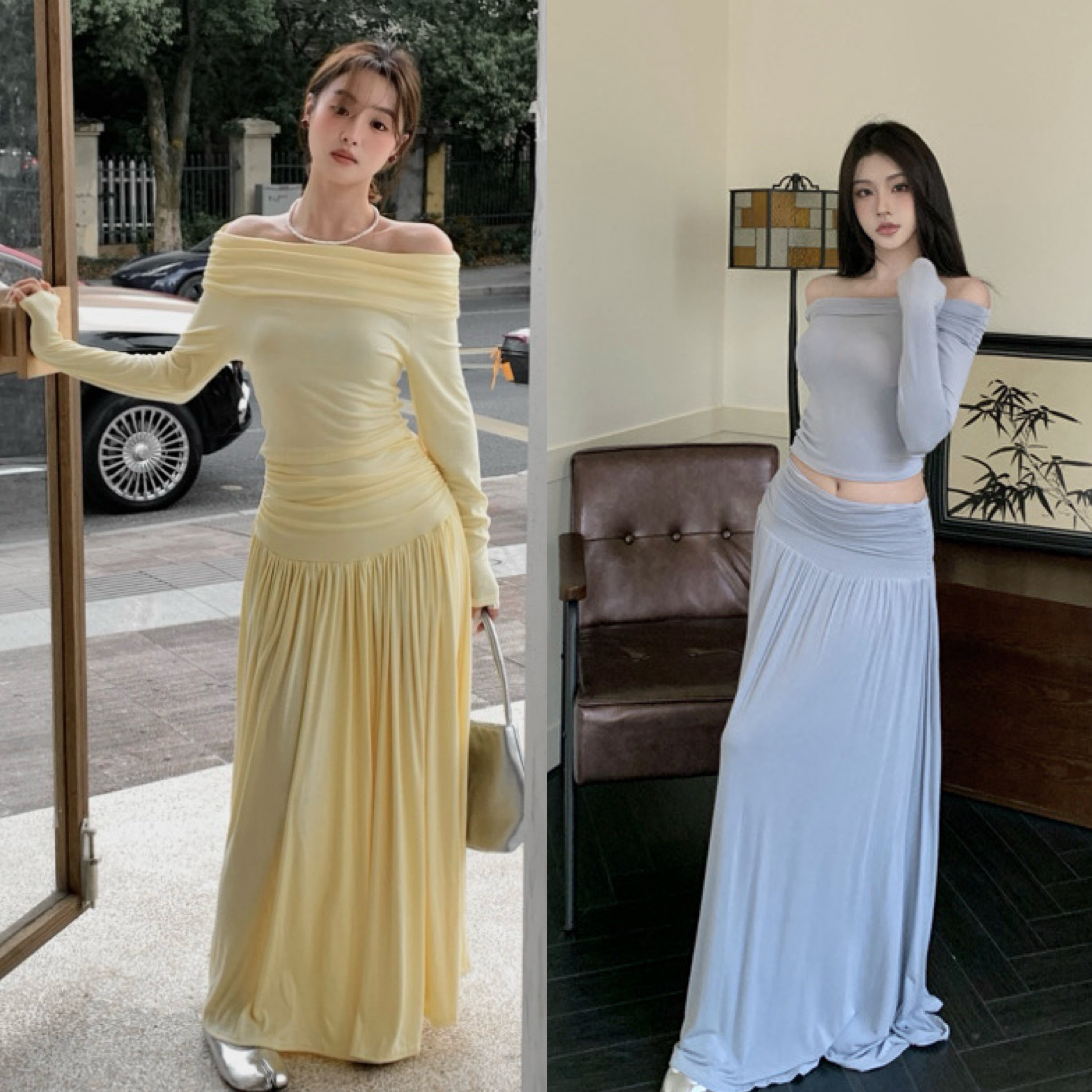 Off Shoulder Long Sleeve Top + Long Skirt Two Pieces Set