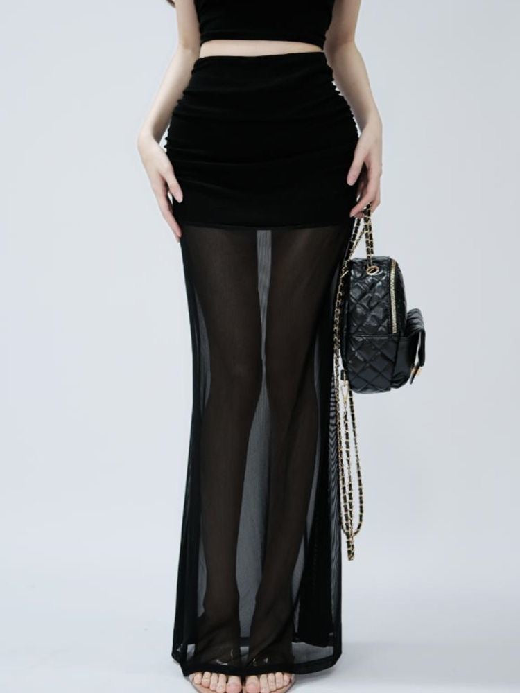 Black Off Shoulder Crop Top + Mesh Long Skirt Two Pieces Set