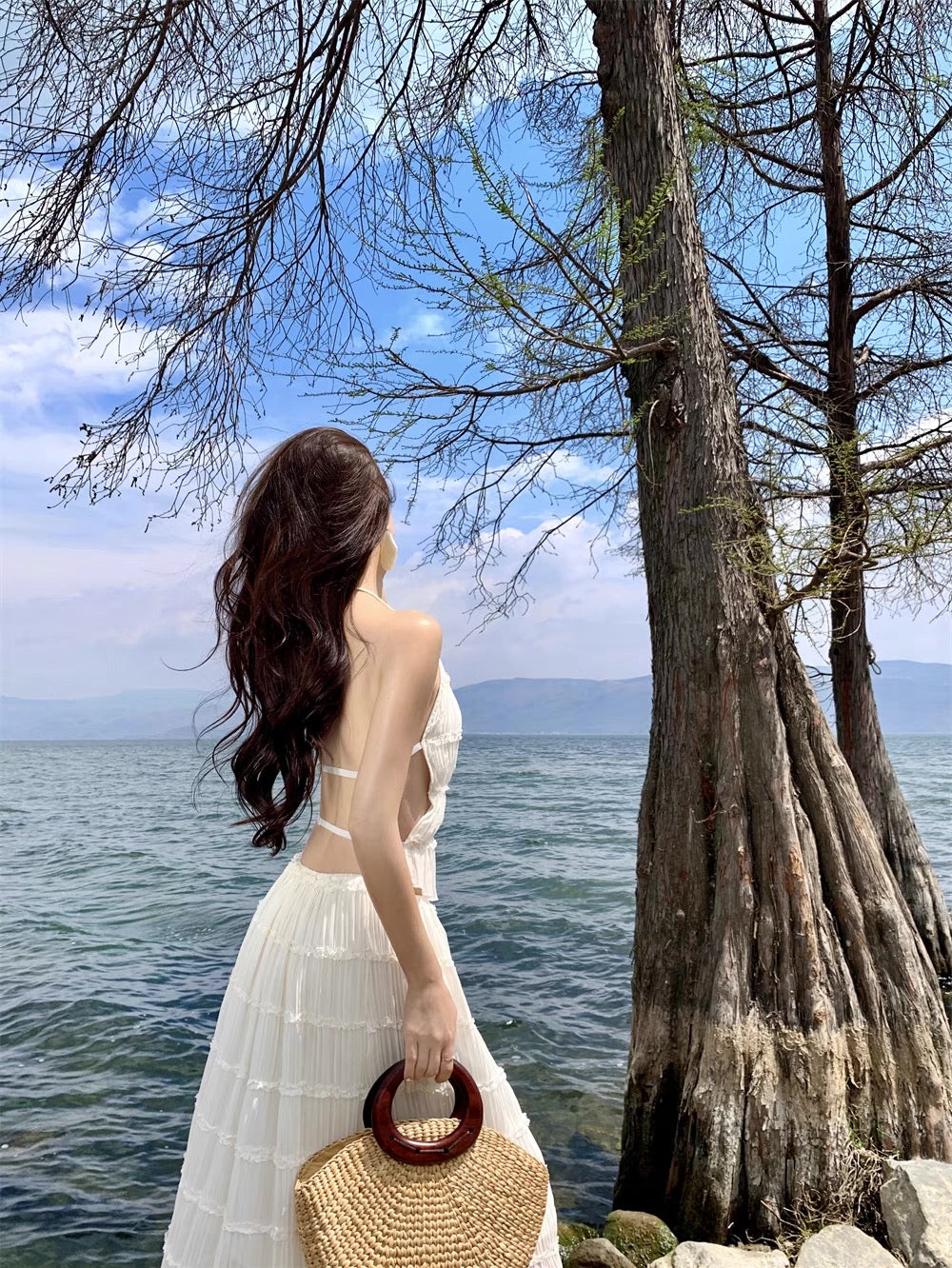 Layered Bareback Top + Long Skirt Two Pieces Set