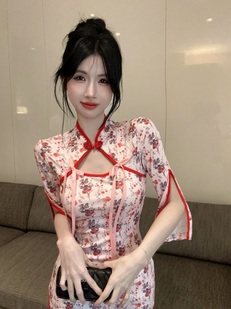 Red Rose Cheongsam Long Sleeve Short Dress (S)