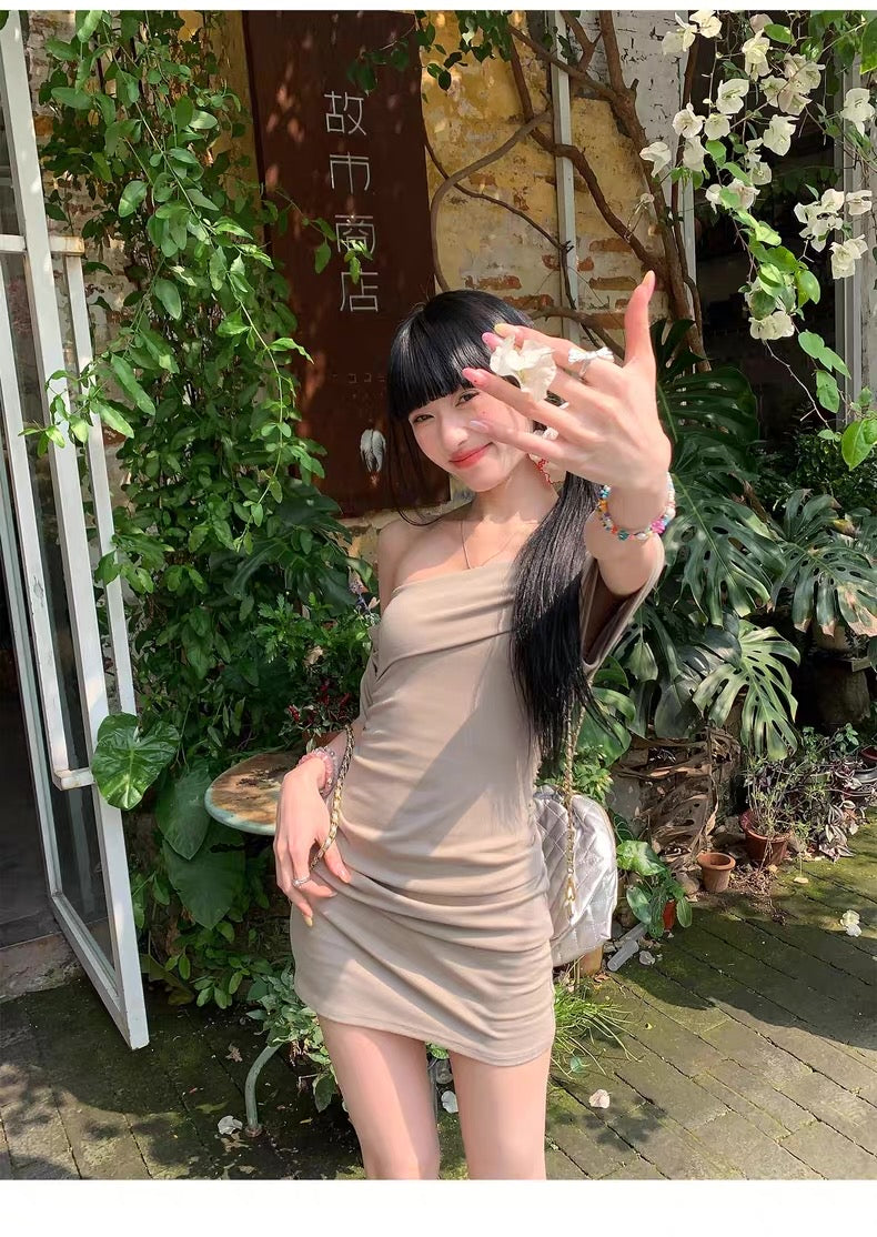 Khaki Off Side Shoulder Tube Dress