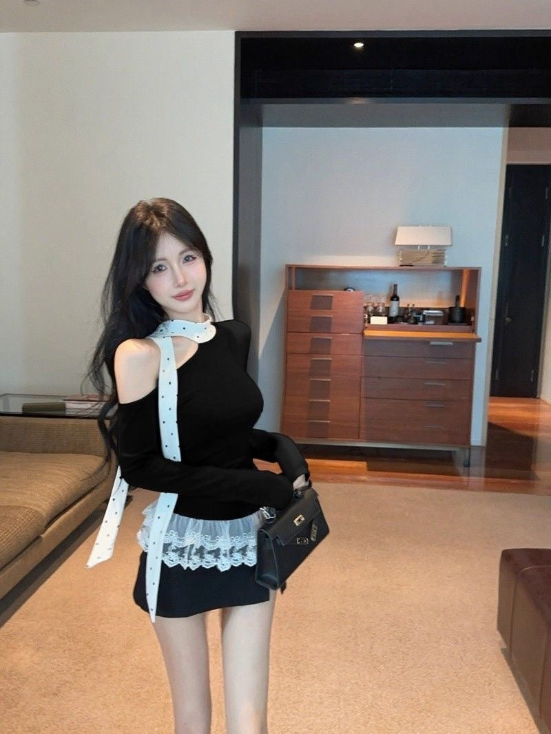 Polka Dots Off Size shoulder Long Sleeve Top