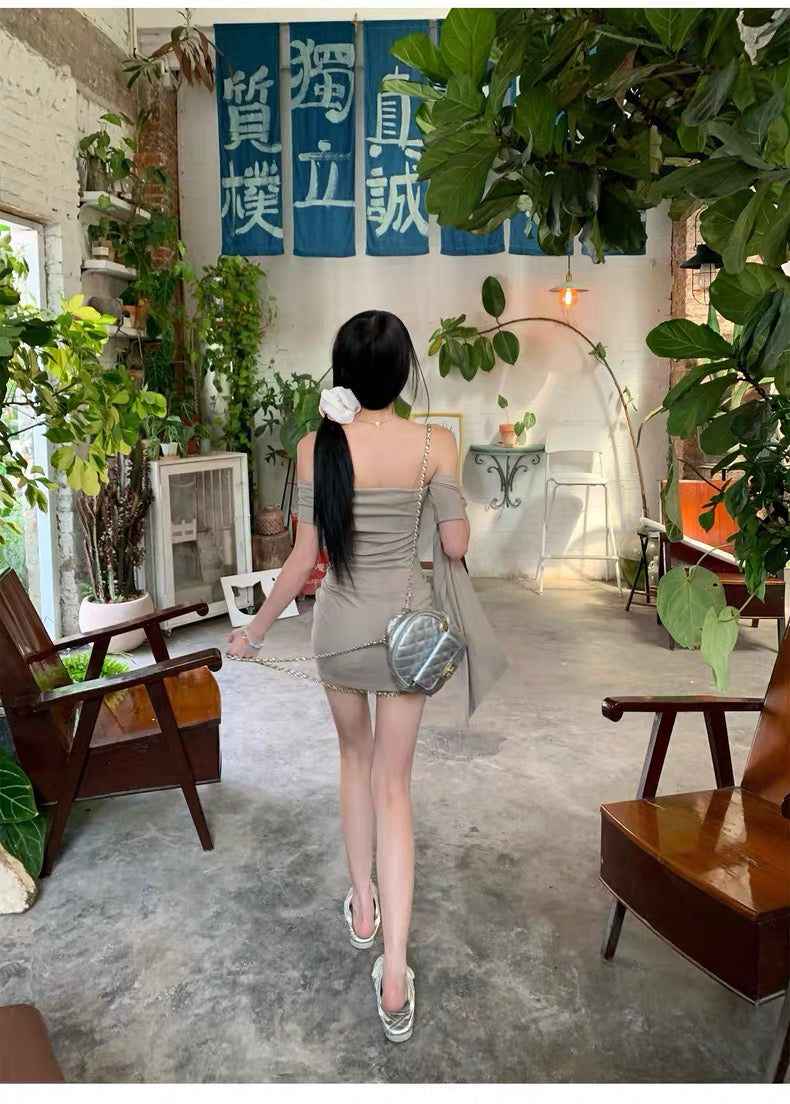 Khaki Off Side Shoulder Tube Dress