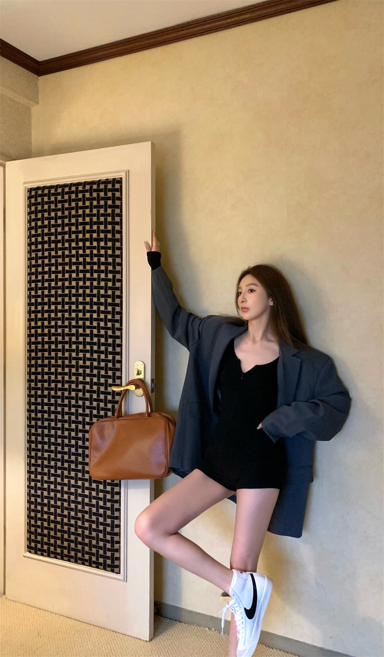 U Collar Long Sleeve Romper (Grey, Black)