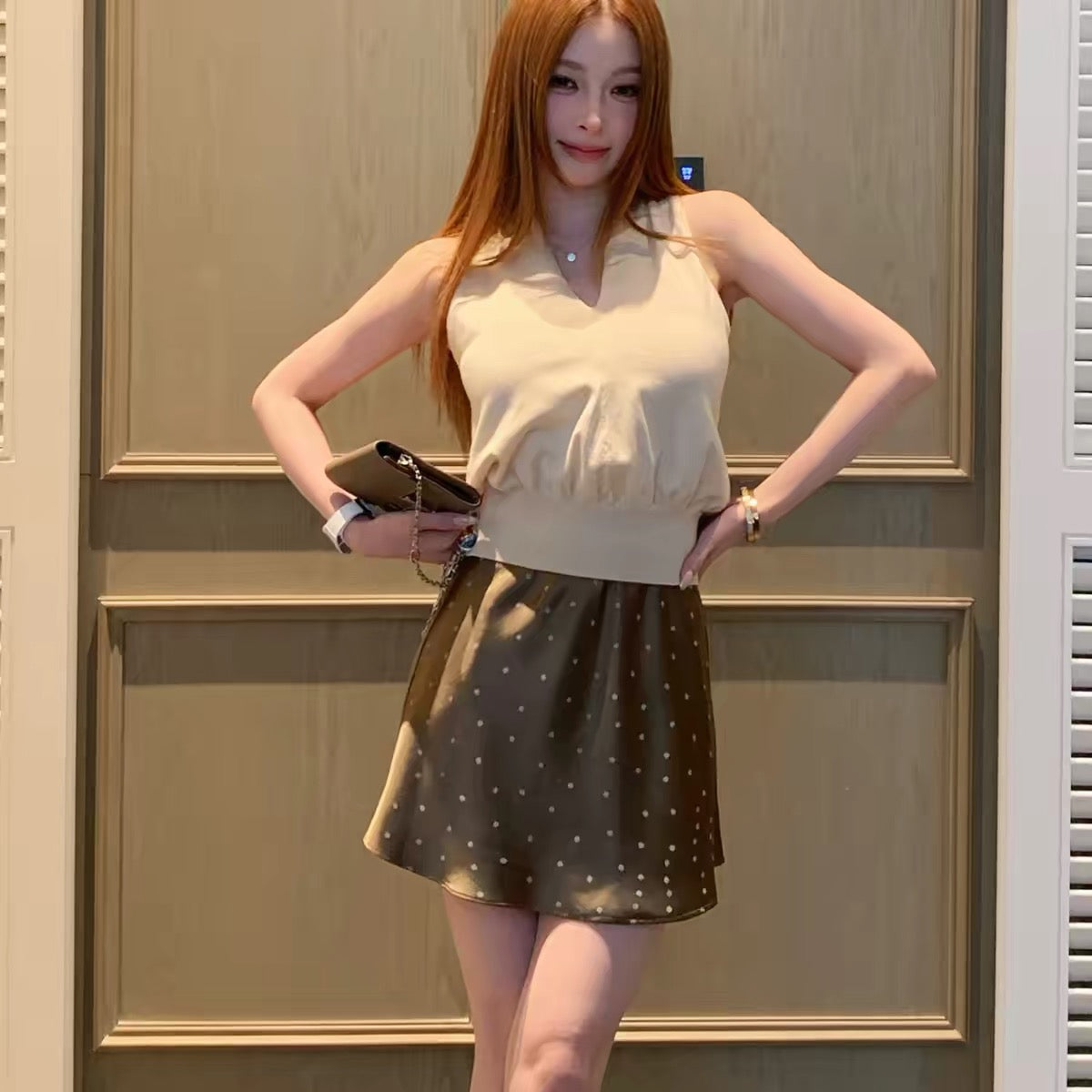 Middle Low Waist Polka Dot Satin Skirt SK38