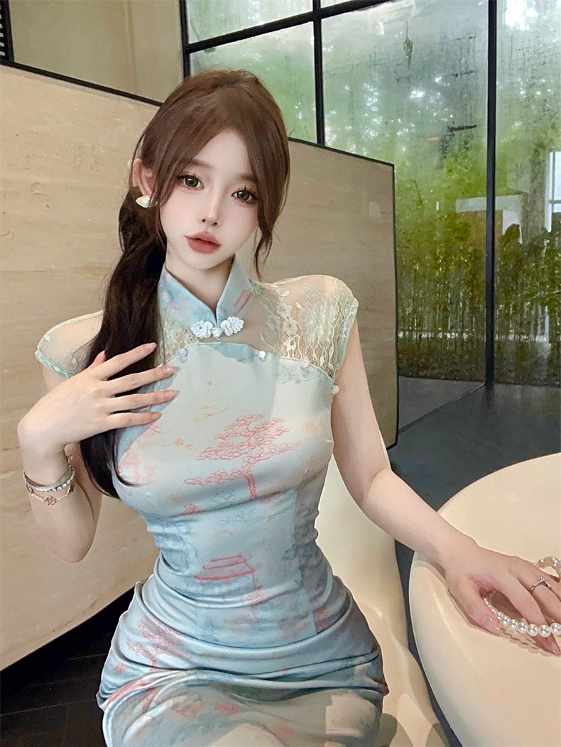 Green Lace Collar Cheongsam CD007 Long Dress