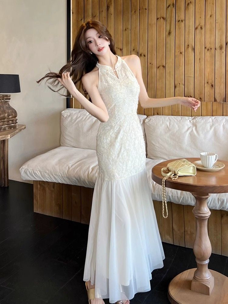 Beige Cheongsam CD022 Long Dress With Cardigan (S, M)