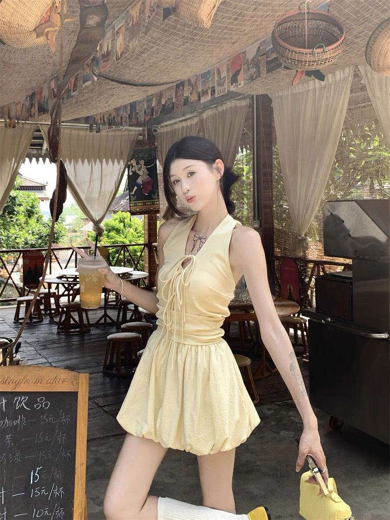 Round Collar Yellow Mini Dress