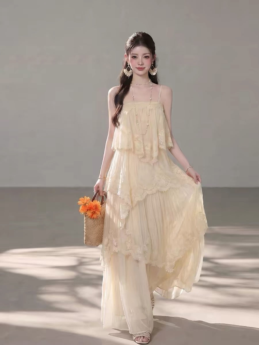 Chiffon Mix Lace Thin Bareback Long Dress