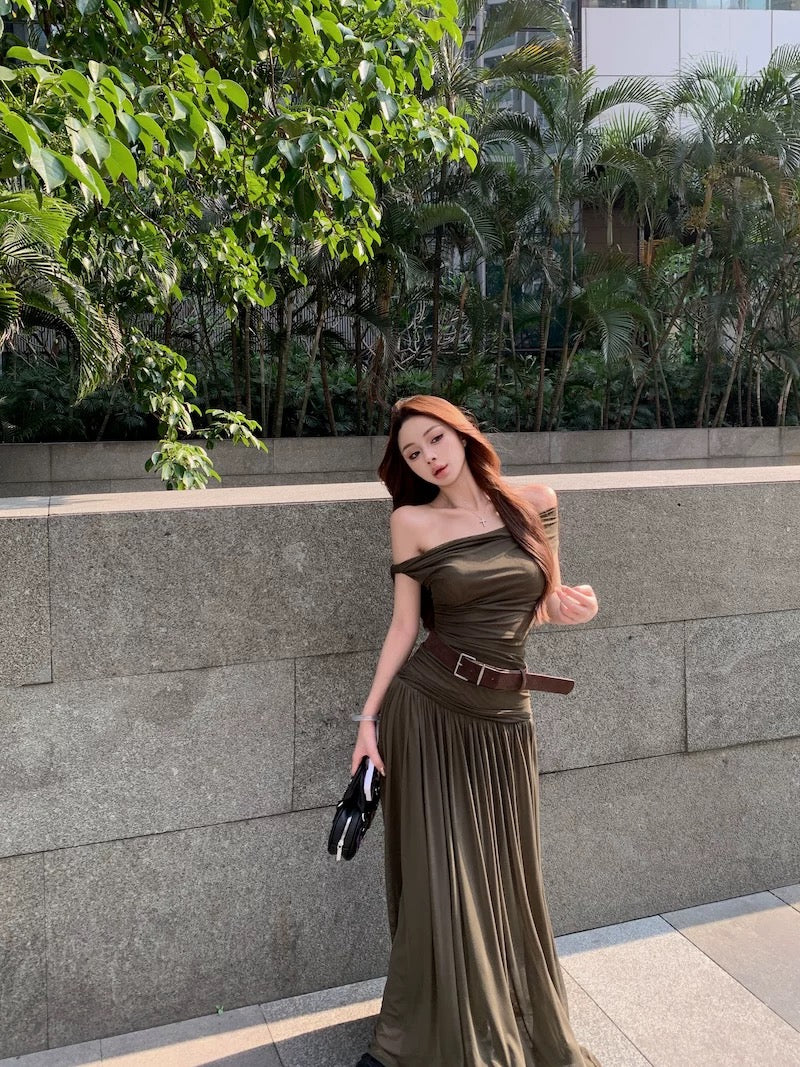 Off Shoulder Mesh Long Dress With Belt
