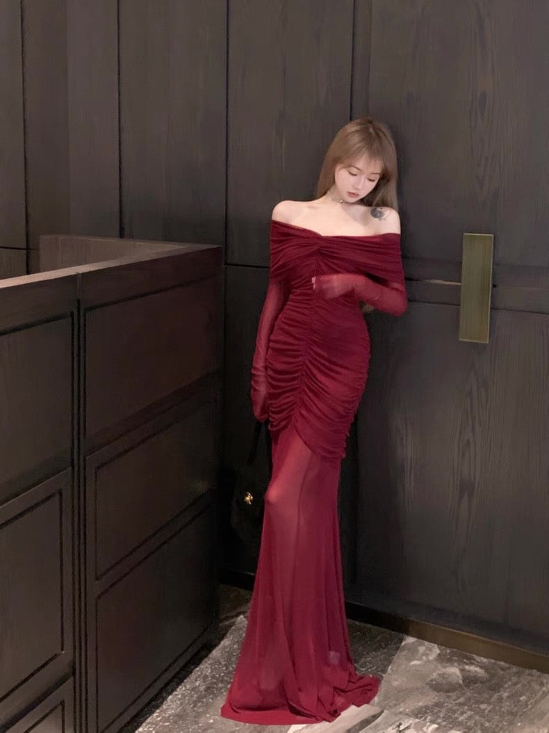 Wine Red Off Shoulder Mesh Dress