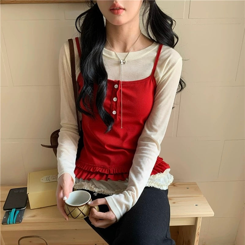 Red Top + Inner Long Sleeve Top