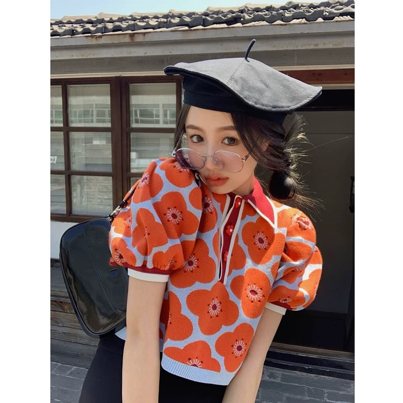 Red Flower Knitted Short Sleeve Top