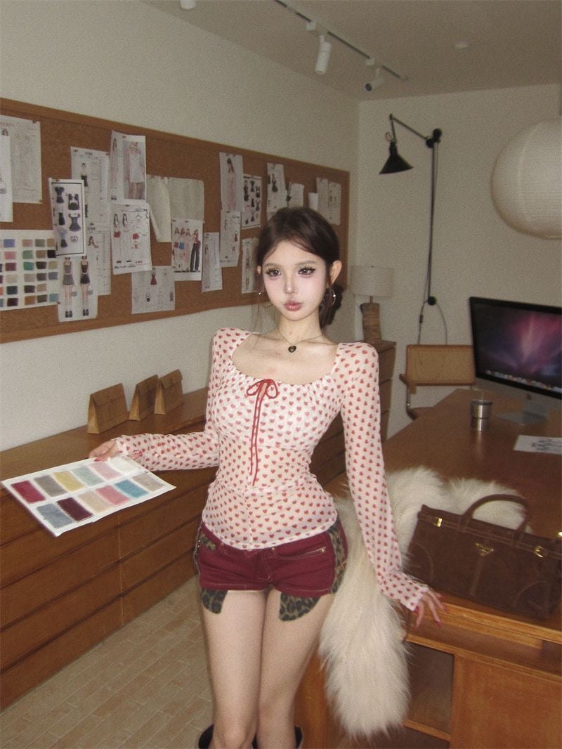 Mesh Red Hearts Long Sleeve Top