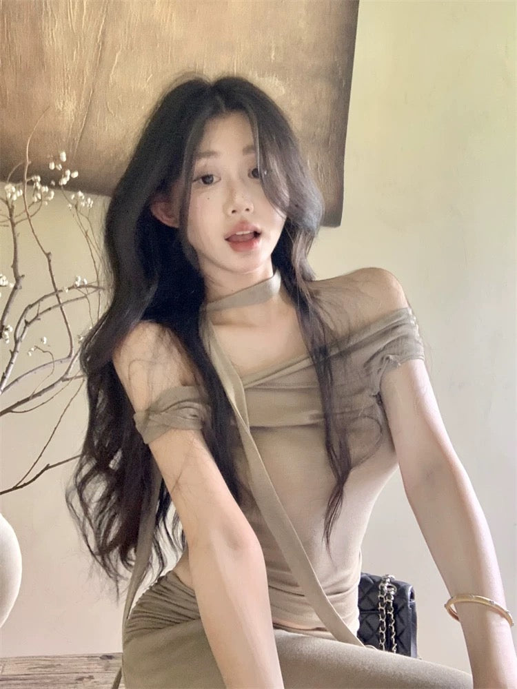 Milk Tea Off Shoulder Top + Long Skirt + Strap Three Pieces Set