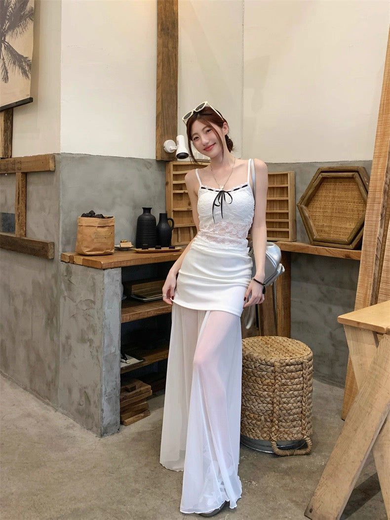 Cream White Mesh Long Skirt (S, M)