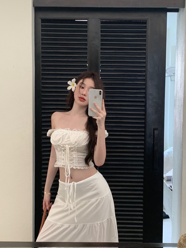 Cream White Lace Top + Long Skirt Two Pieces Set