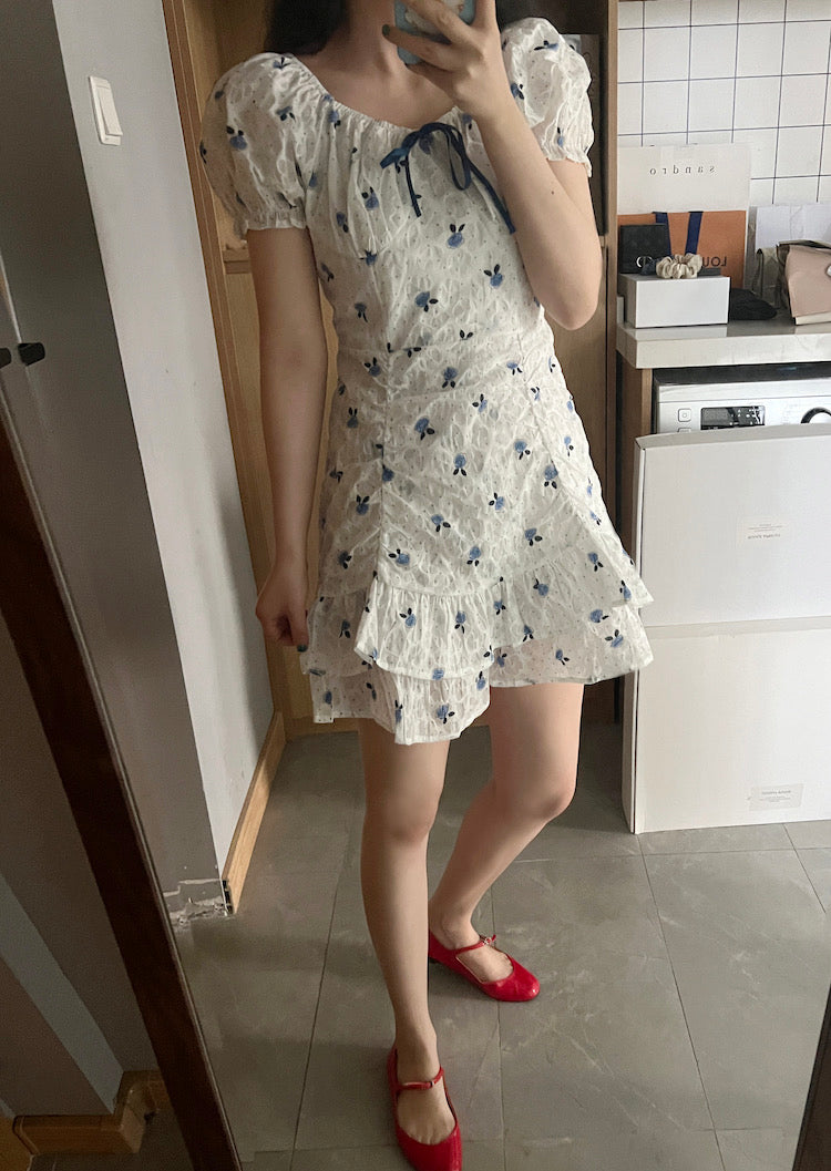Blue Floral White Dress (S)