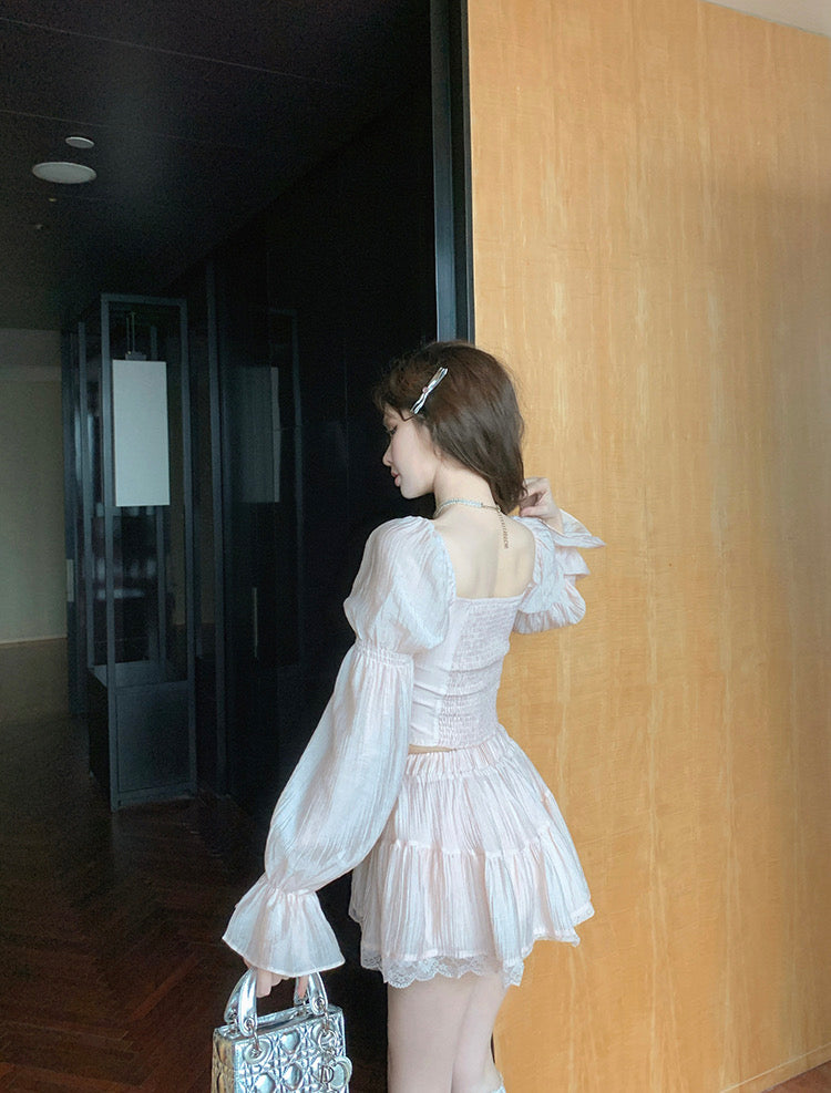 Pink Long Sleeve Top + Skirt Two Pieces Set