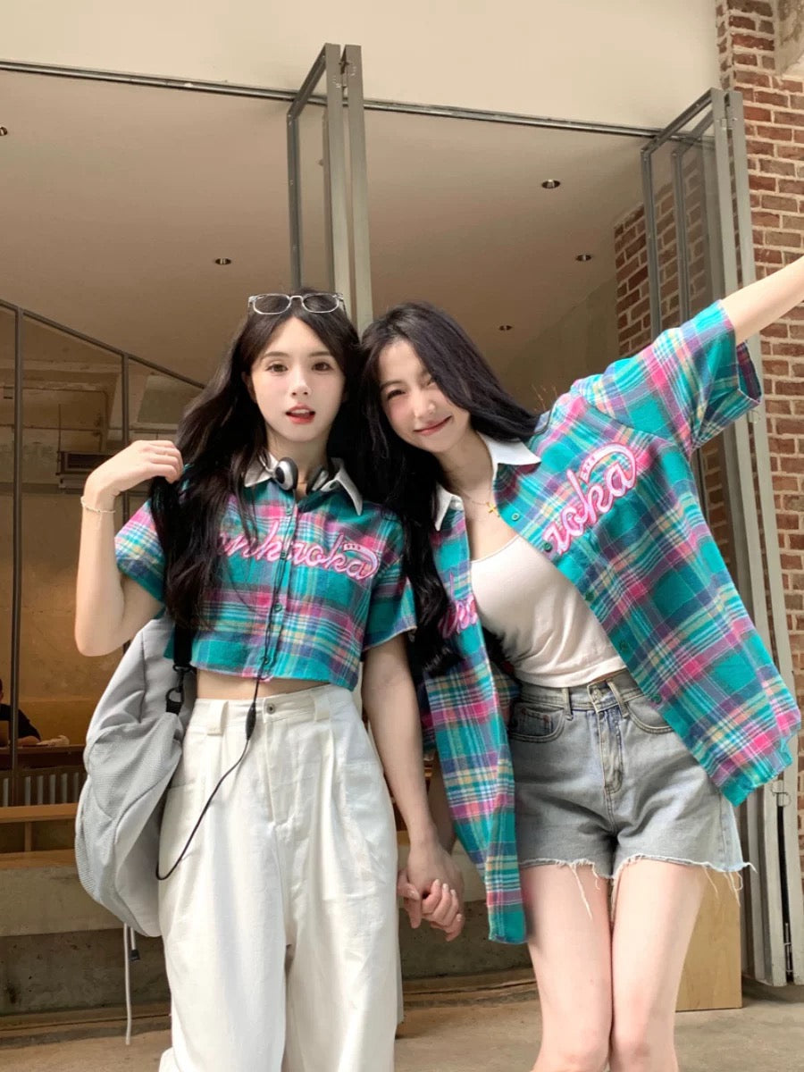 Grid Short Sleeve Crop Shirt T