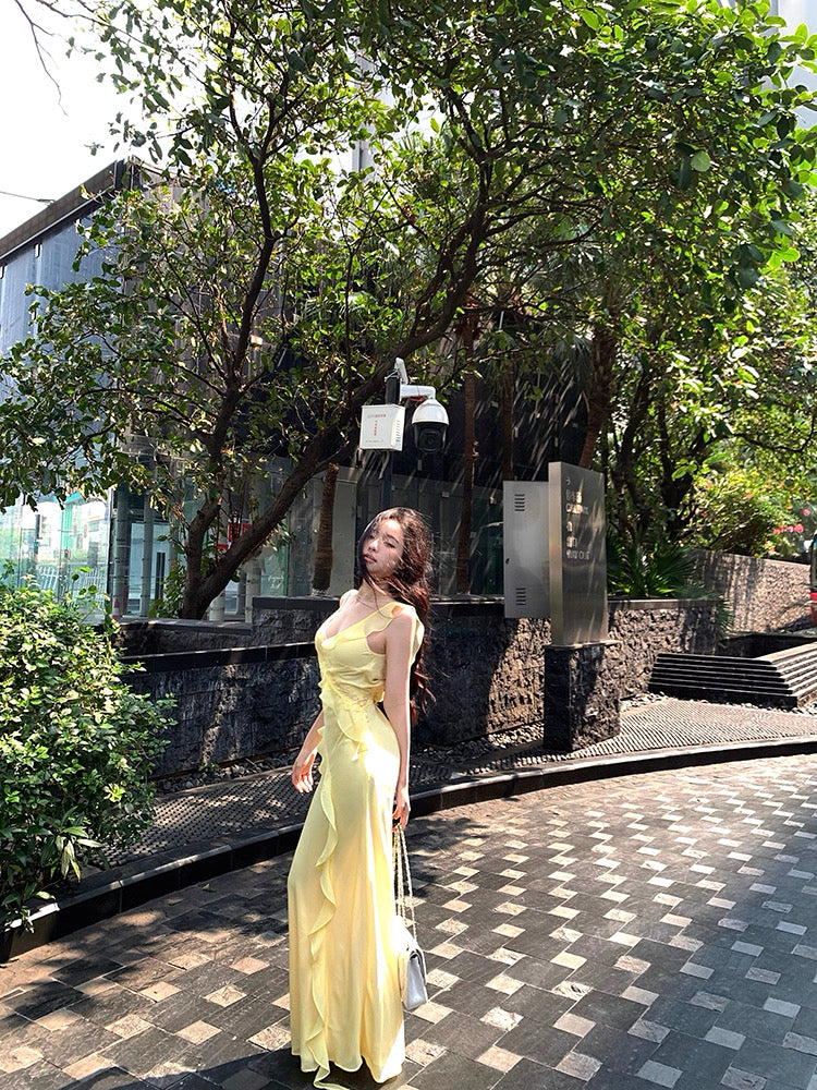 Side Flare Strap Mix Lace Long Dress (Yellow, Black)