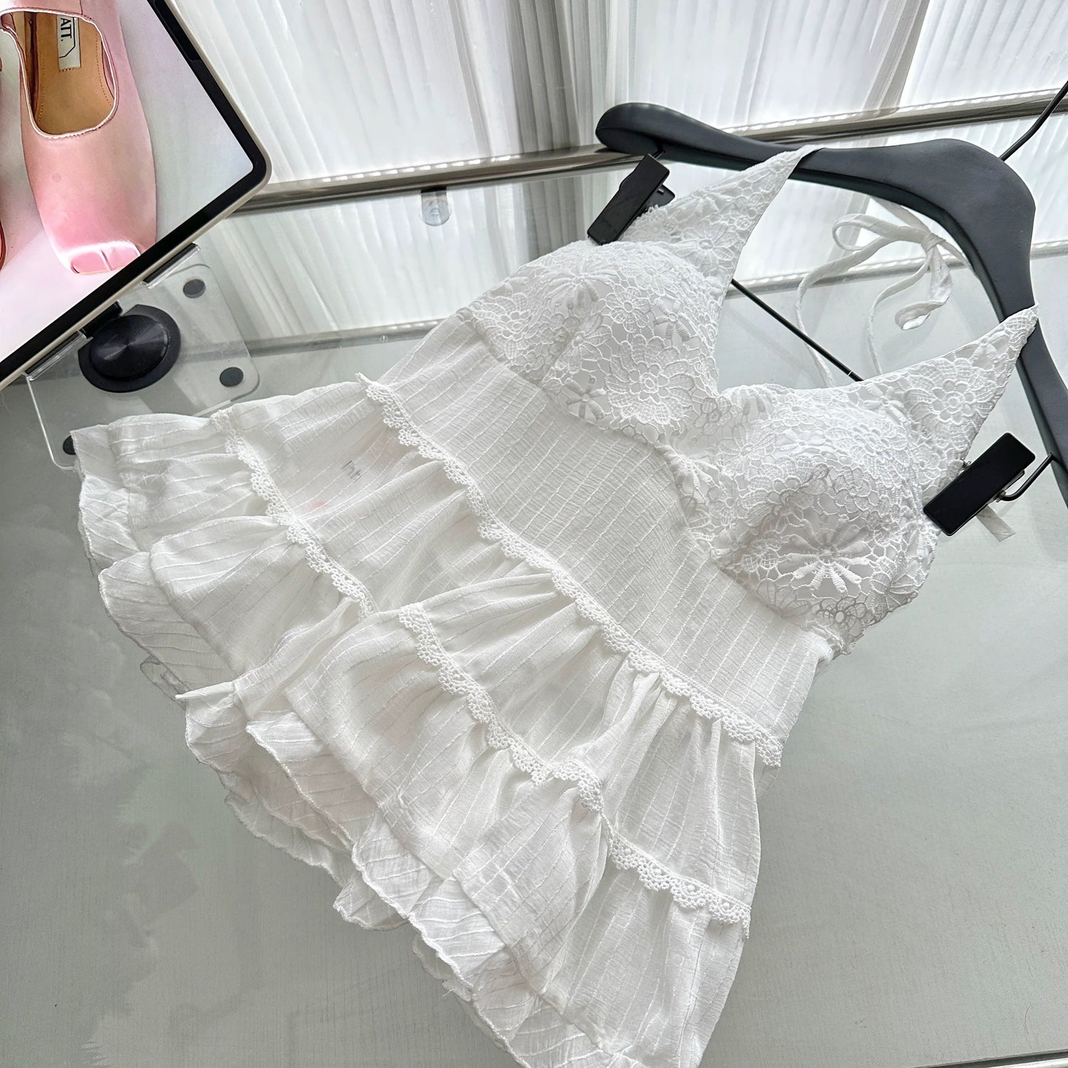 White Deep U collar Round Neck Top