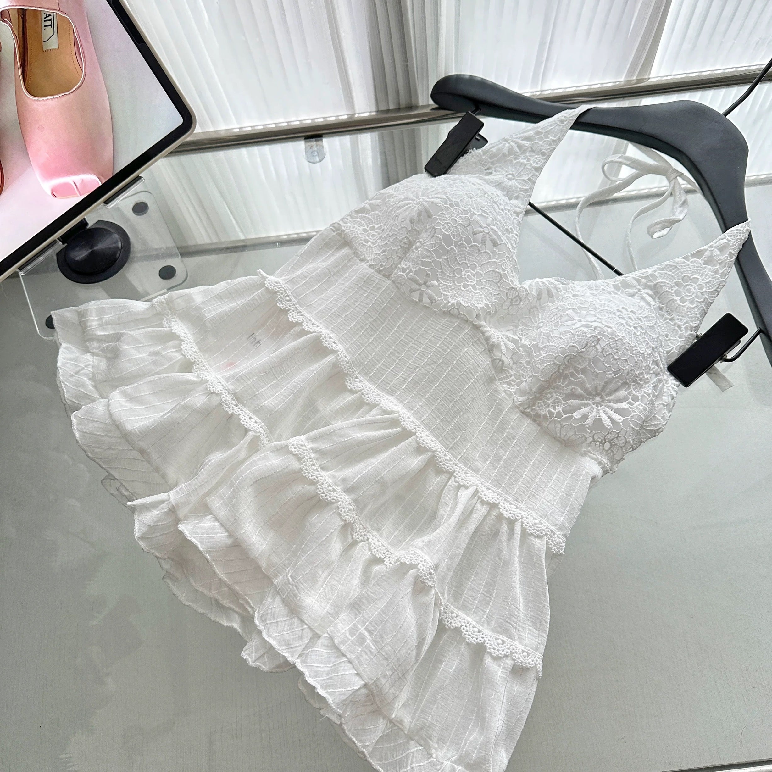 White Deep U collar Round Neck Top