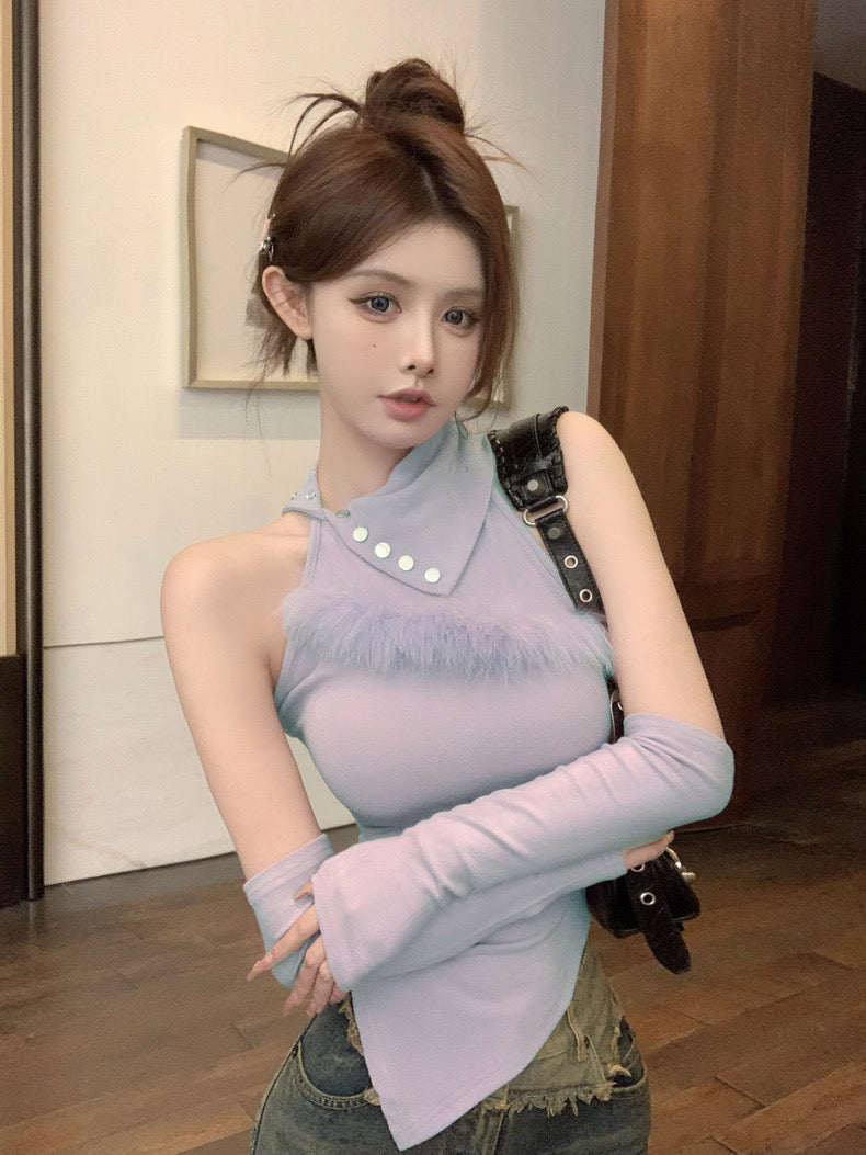 Halter Fur Sleeveless Top With Sleeve (White , Black)