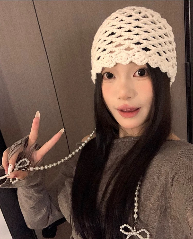 H15 Pearl Ribbon Knitted Embroidery Hat (Red)
