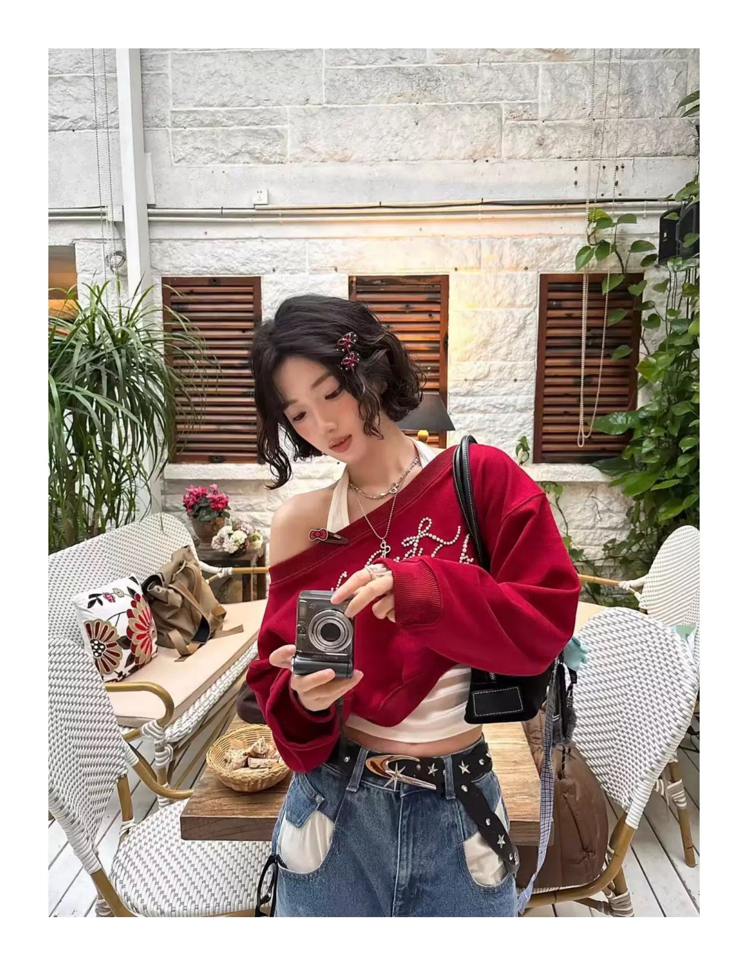 Wine Red Long Sleeve Crop Top+White Inner Top