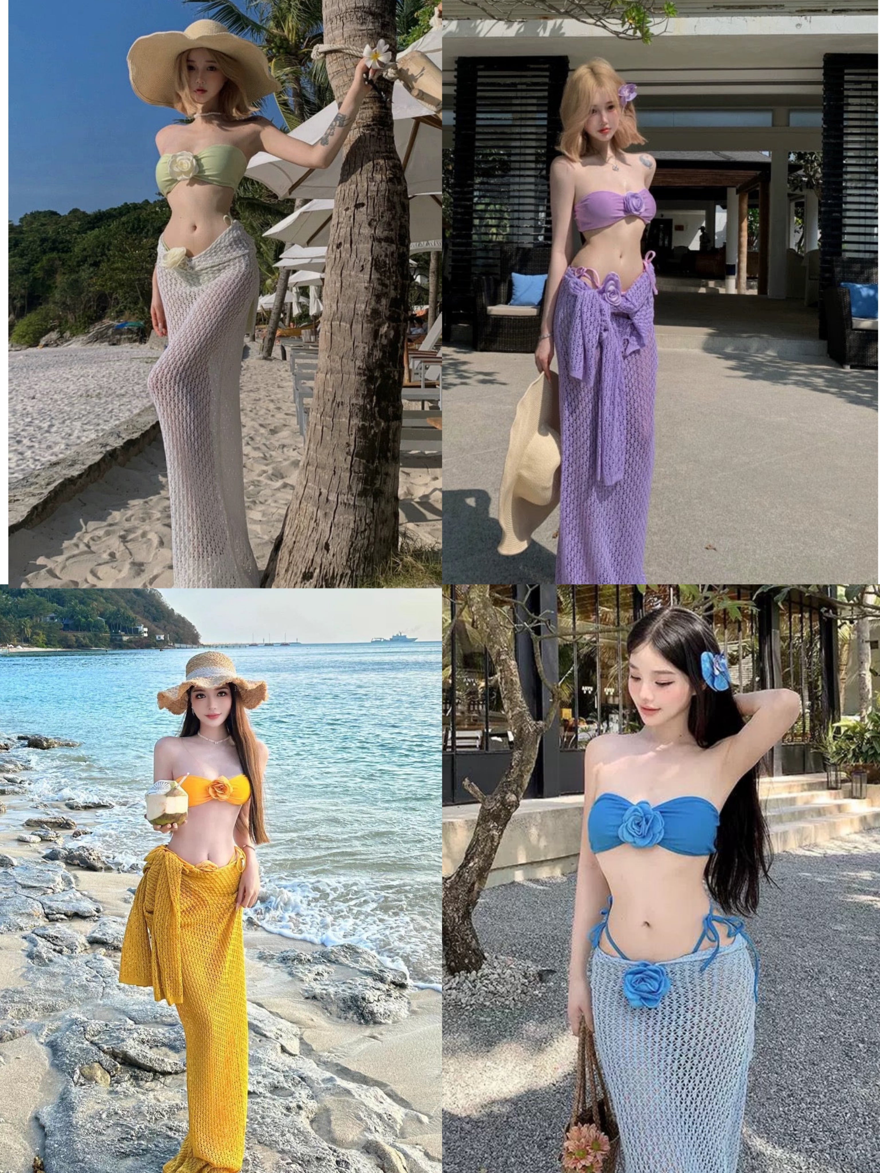 Bikini + Knitted Dress Three Pieces Set (Blue, Purple)