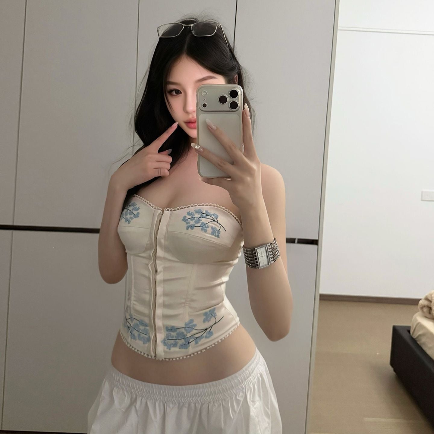 Blue Flo Silk White Tube Top