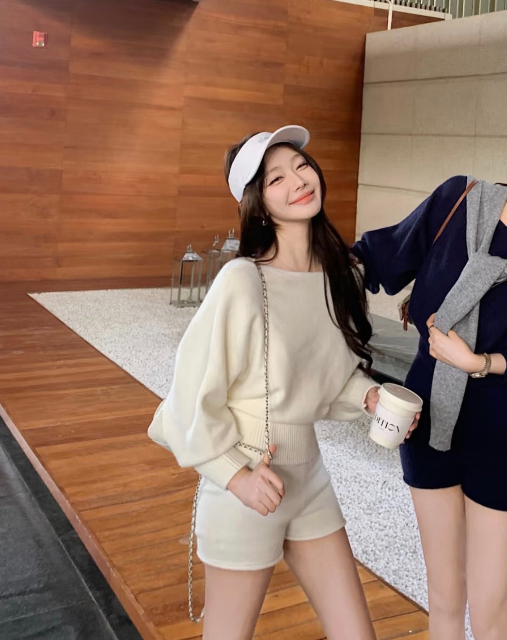 Cream Knitted Top + Shorts Two Piece Set