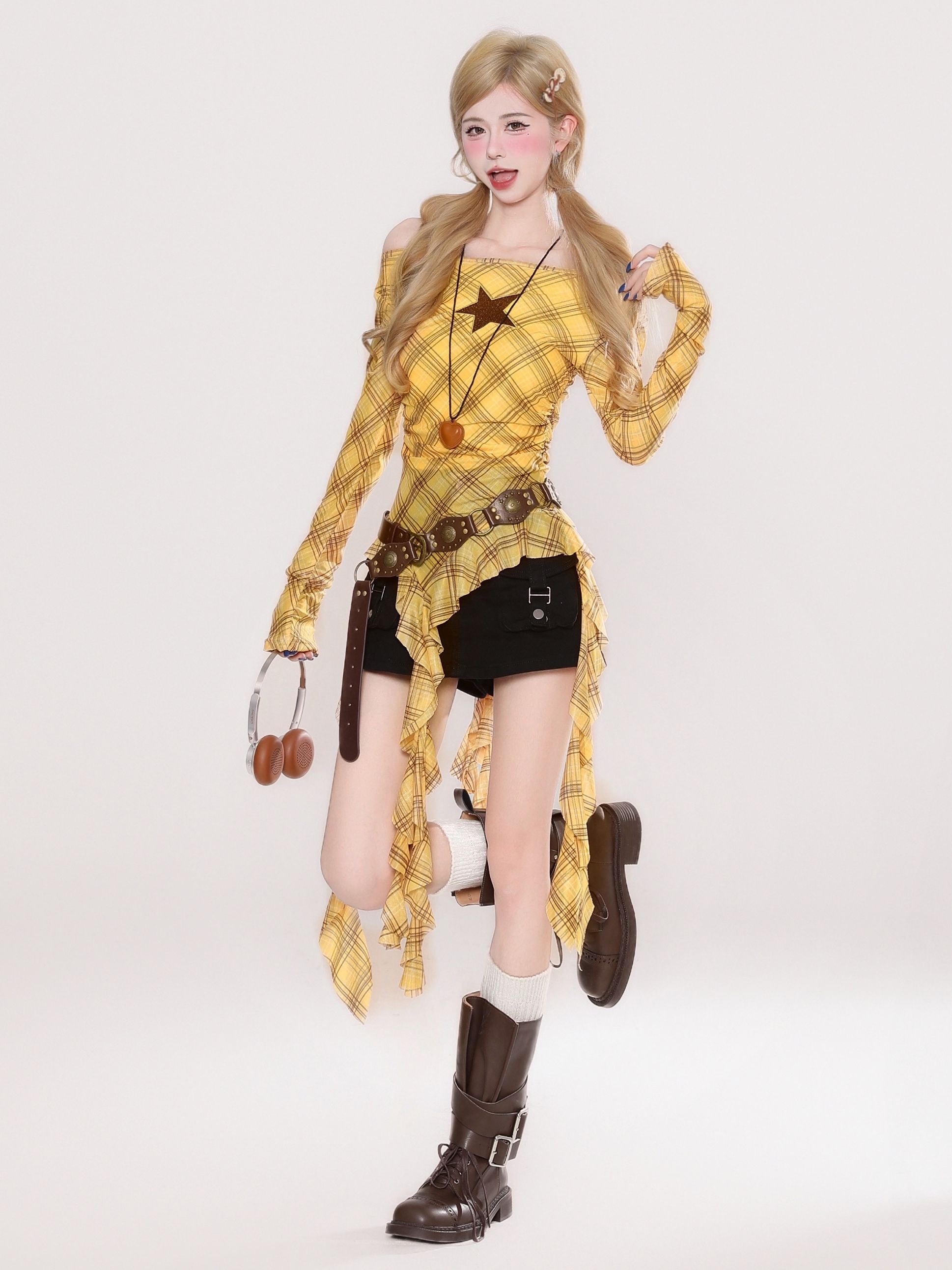 Grid Star Off Shoulder Long Sleeve Mesh Top