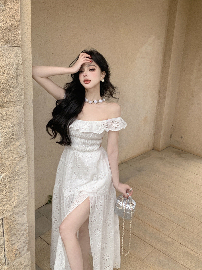 Ruffles Collar White Long Dress  (S, M)