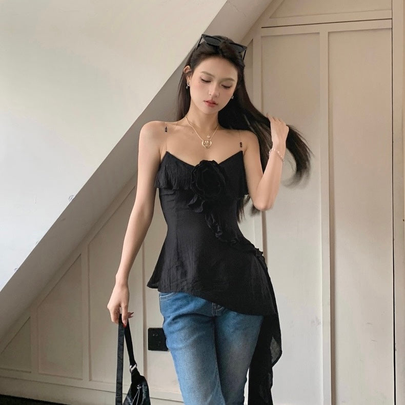 Summer Unequal Black Floral Strap Top