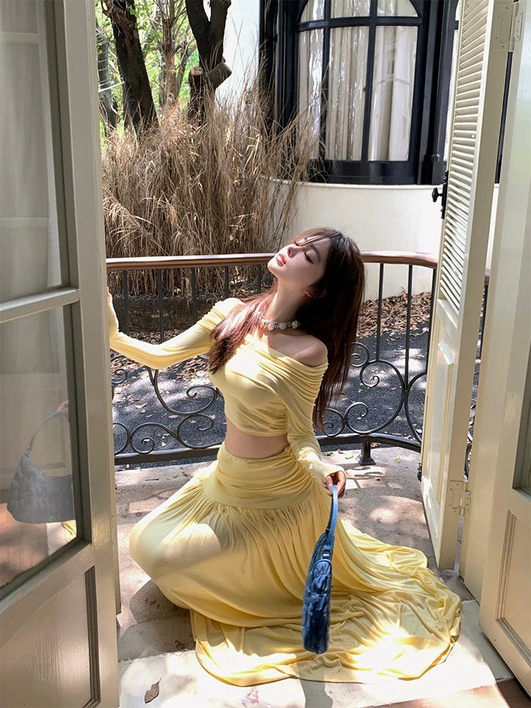 Off Shoulder Long Sleeve Top + Long Skirt Two Pieces Set