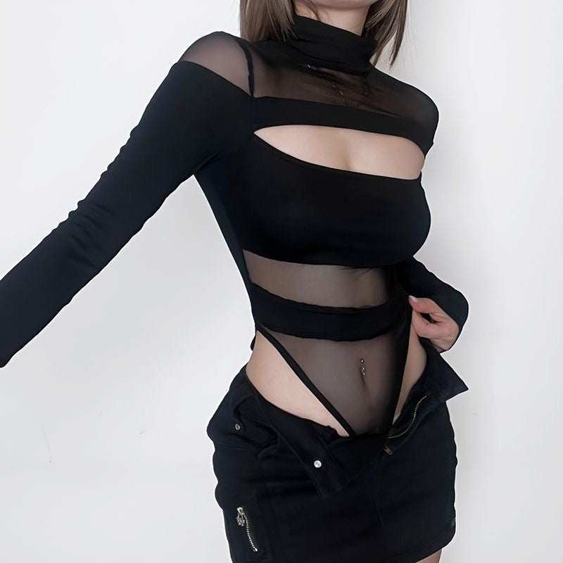 Black Mix Mesh Long Sleeve Suit