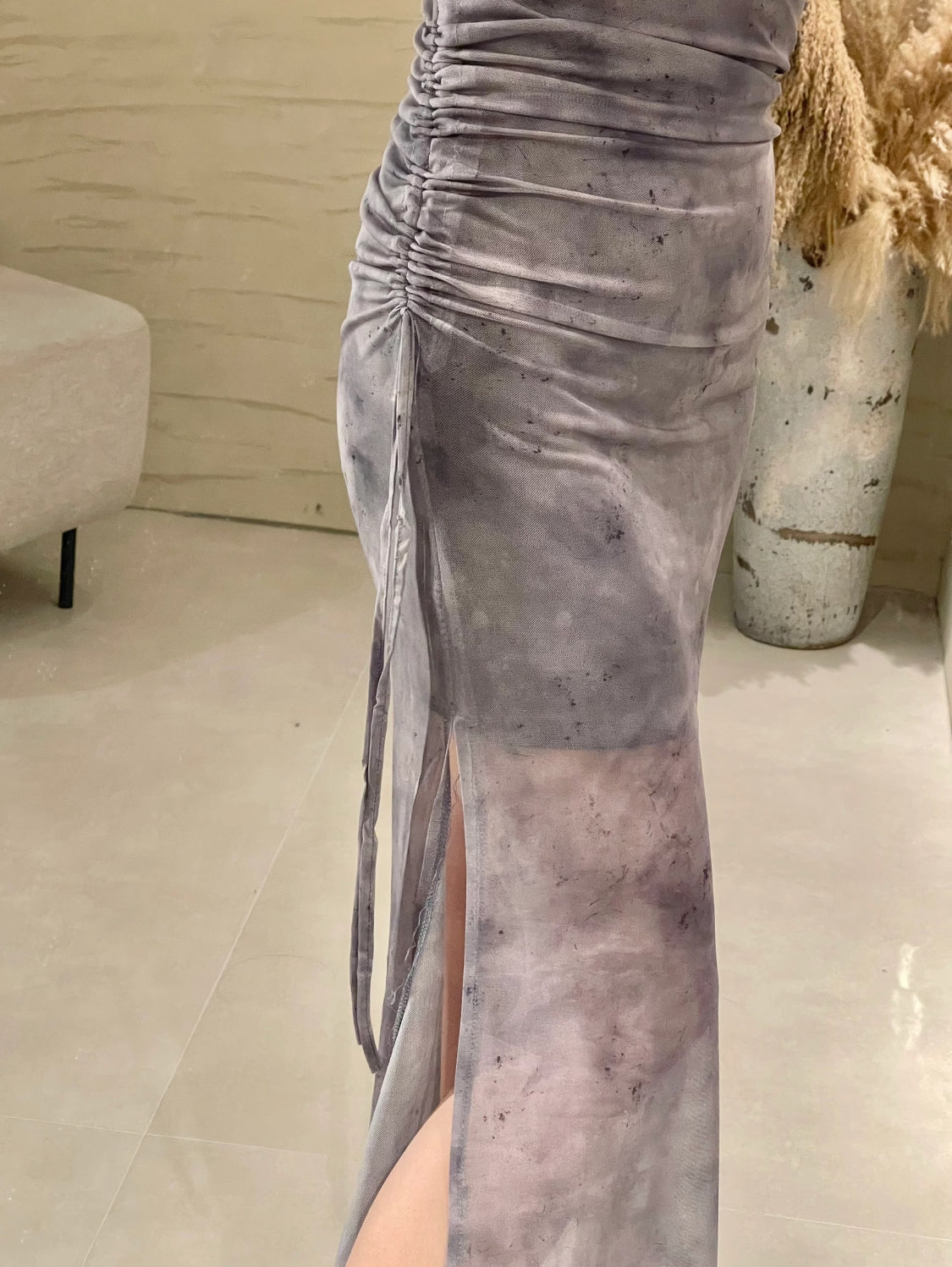 Mesh Side Tie Strap Long Dress (Pink, Blue, Grey)