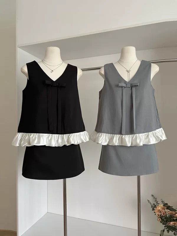 Elle Sleeveless Top + Skirt Two Piece Set (Grey, Black)