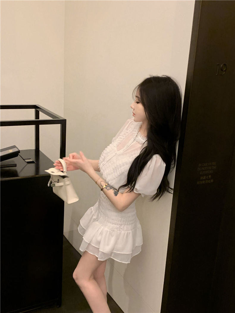 Mesh Puff Sleeve One Piece Dress