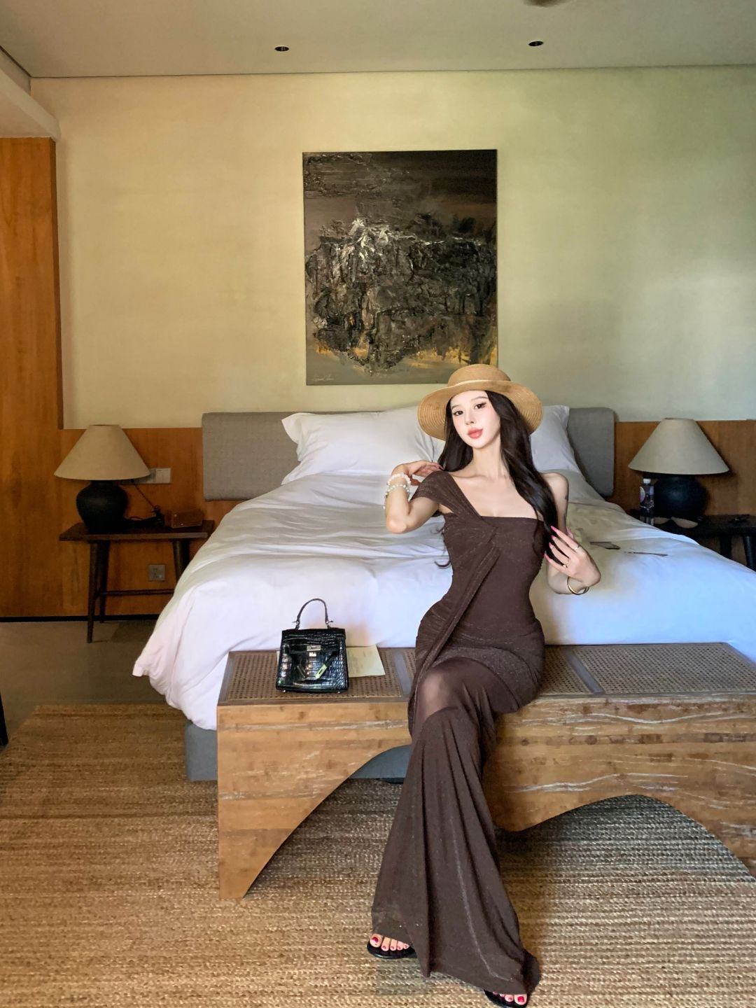 Chocolate Side Strap Mesh Long Maxi Dress